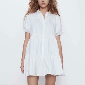 White poplin dress, puff sleeve flounce dress